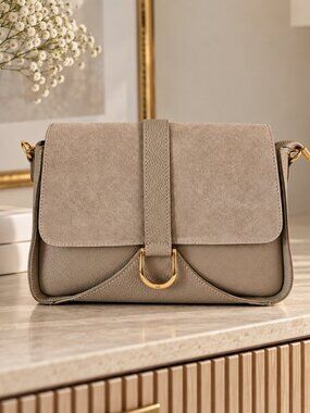 Dark Beige Italian Leather Crossbody Bag, Suede Flap Shoulder Bag